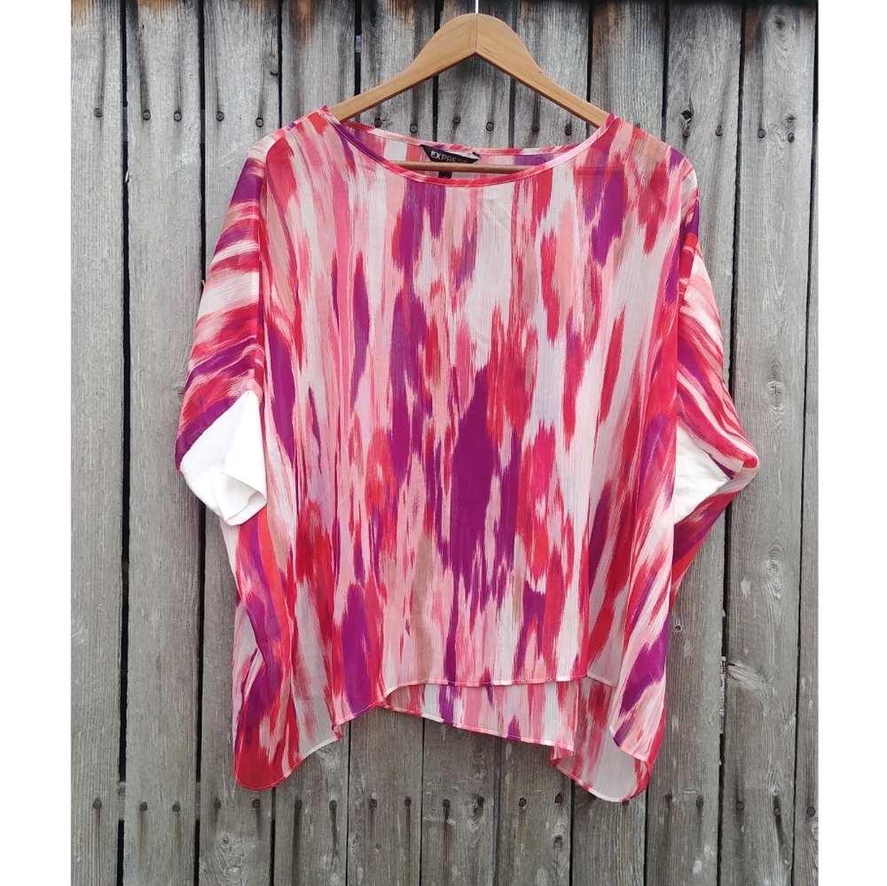Express pink white purple semi sheer watercolor print dolman blouse womens S